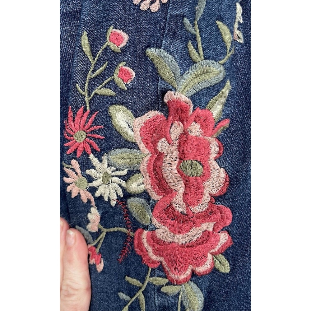 Celebrity Pink Embroidered Floral Mid Rise Ankle Skinny Jeans Womens 3 Blue Boho - Picture 3 of 8
